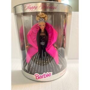 Happy Holidays Barbie Doll 1996 Black Sparkle Gown Pink Cape Tiara Collector‎